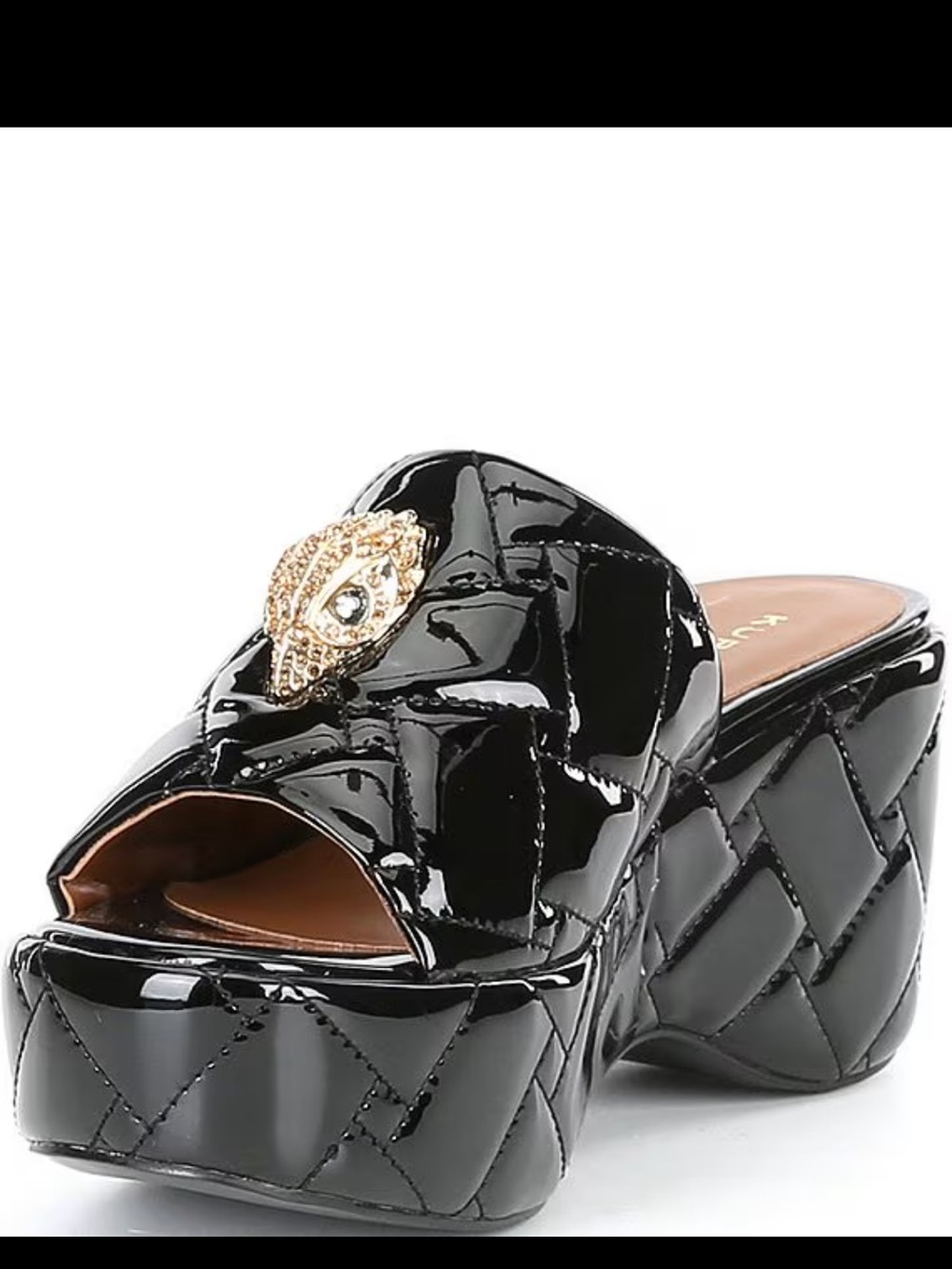 Kurt Geiger Black Patent Quilted Platform Slide with Gold Medallion - Picture 3 of 11